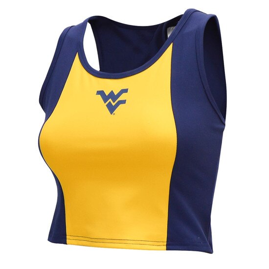 Navy and gold color blocked WVU cropped tank top with a small navy Flying WV on the front